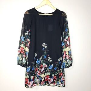 Papillon NWT XSmall Black Floral Long Sleeve Lined Scoop Neck Sheath Mini Dress